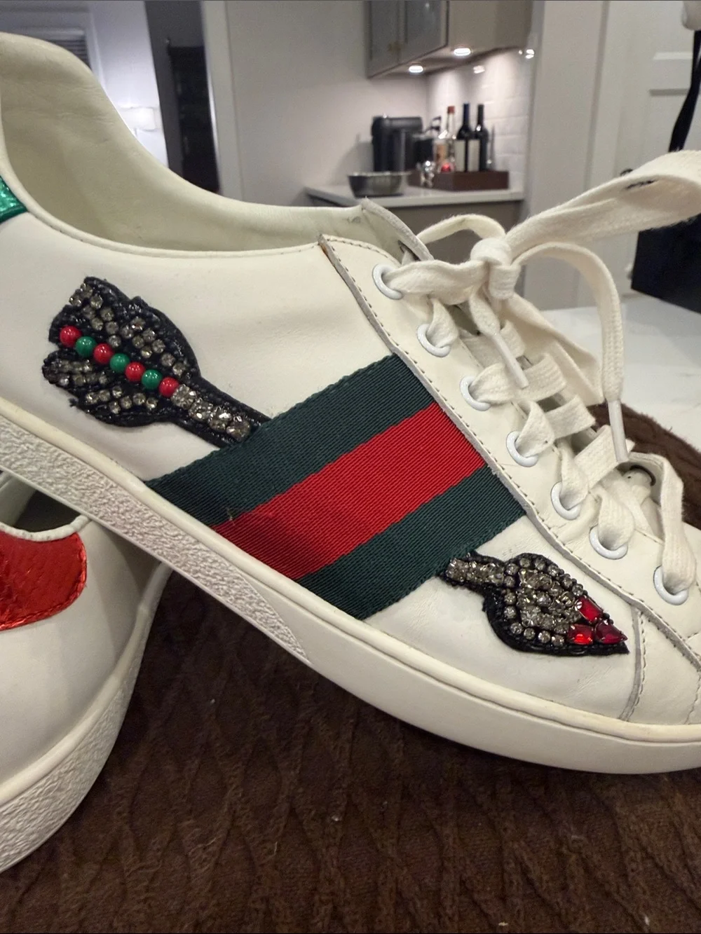 Gucci Leather Sneakers w:Green and Red Stripes and embroidered sequin arrow